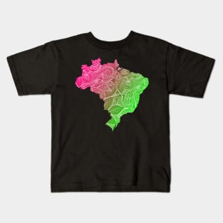 Colorful mandala art map of Brazil with text in pink and green Kids T-Shirt